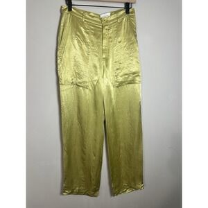 United Arrows Tokyo High-Rise Wide-Leg Satin Fatigue Pants Citron Green Size S
